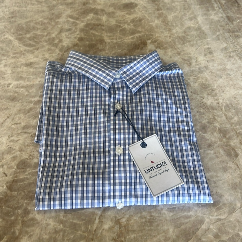 Untuckit Men's Blue Plaid Wrinkle Free 100% Cotton Long Sleeve Shirt Size XL NWT